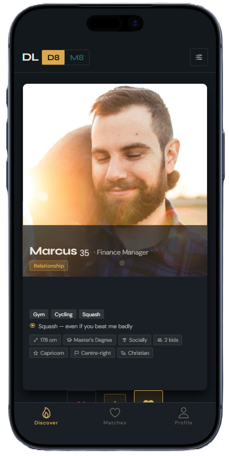 OMNIA Match mode discover screen showing active member profiles