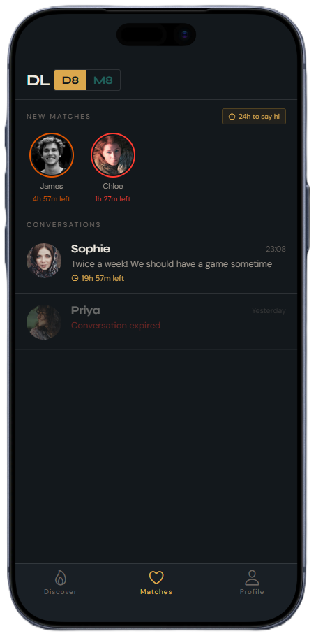 OMNIA Match mode matches screen showing 24-hour match window