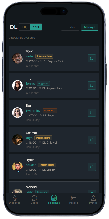 OMNIA Social mode bookings directory showing members with upcoming sessions