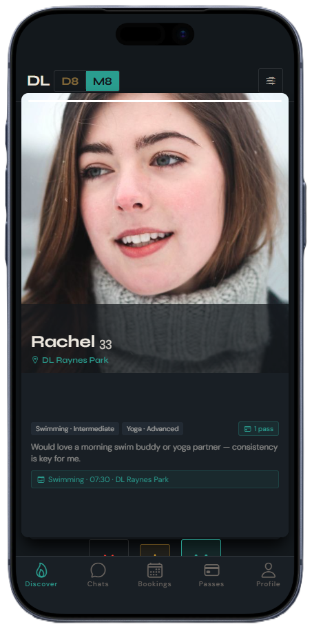 OMNIA Social mode discover screen showing training partner profiles